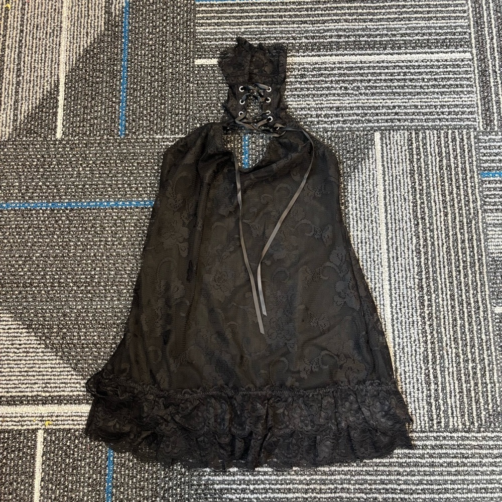 Dolls Kill Widow Small Black Lace Halter Lingerie Dress (missing button)